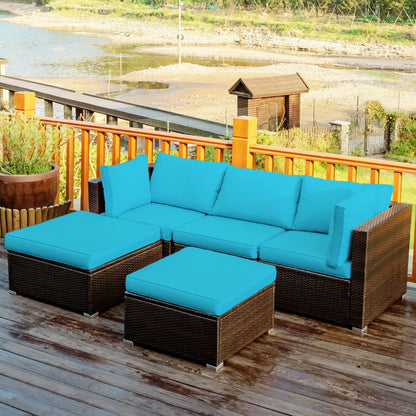 5 Pieces Patio Rattan Sectional Conversation Ottoman Furniture Set, Blue Outdoor Sectionals   at Gallery Canada