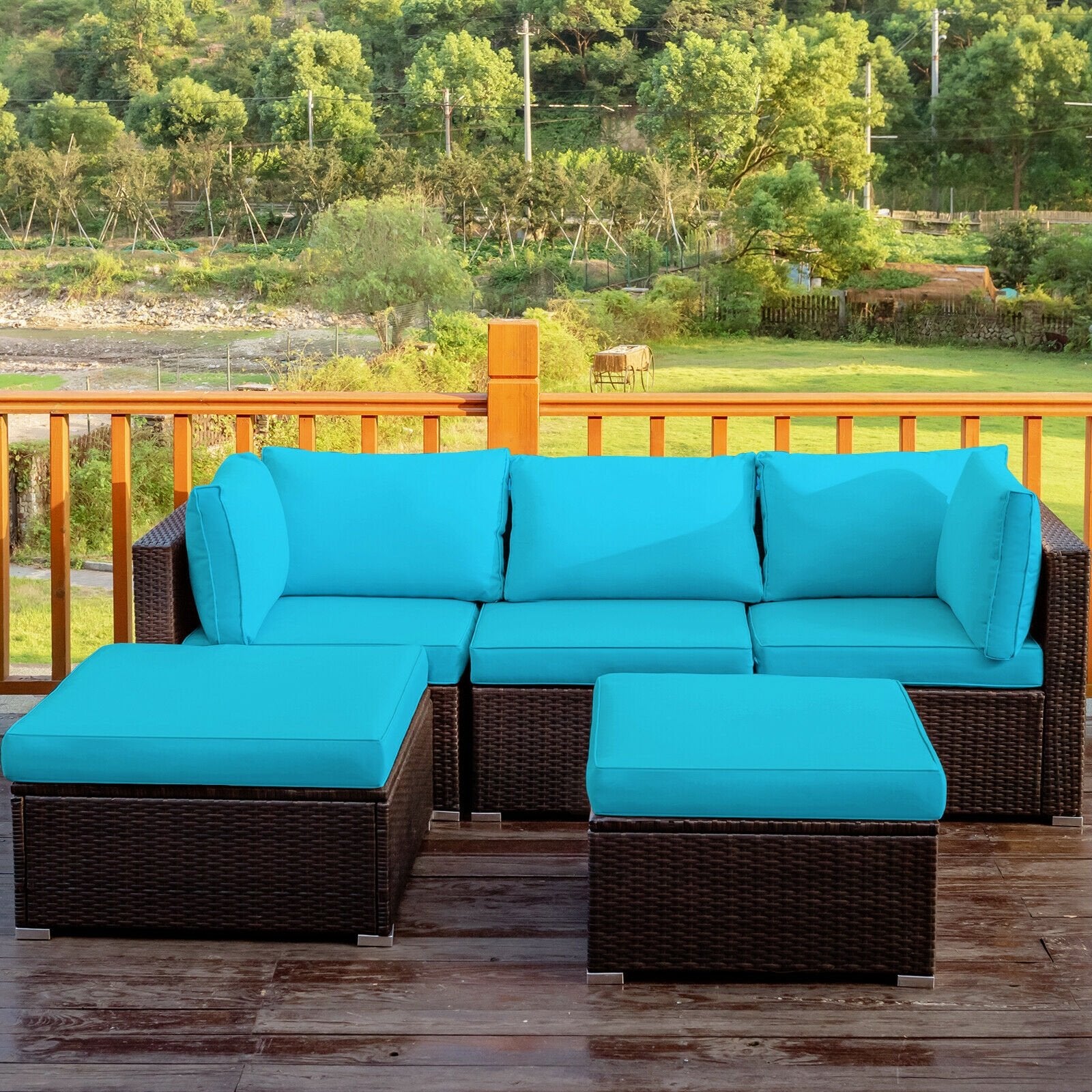 5 Pieces Patio Rattan Sectional Conversation Ottoman Furniture Set, Blue Outdoor Sectionals   at Gallery Canada