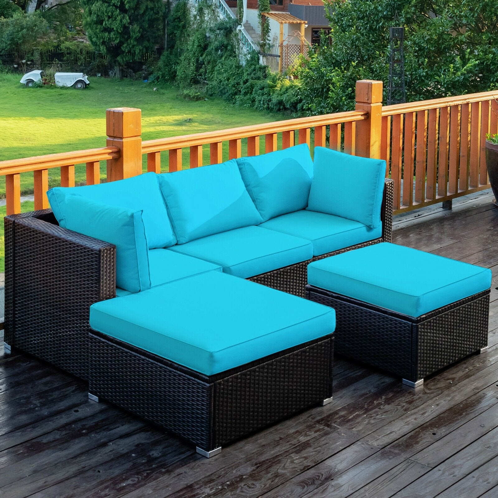 5 Pieces Patio Rattan Sectional Conversation Ottoman Furniture Set, Blue Outdoor Sectionals   at Gallery Canada