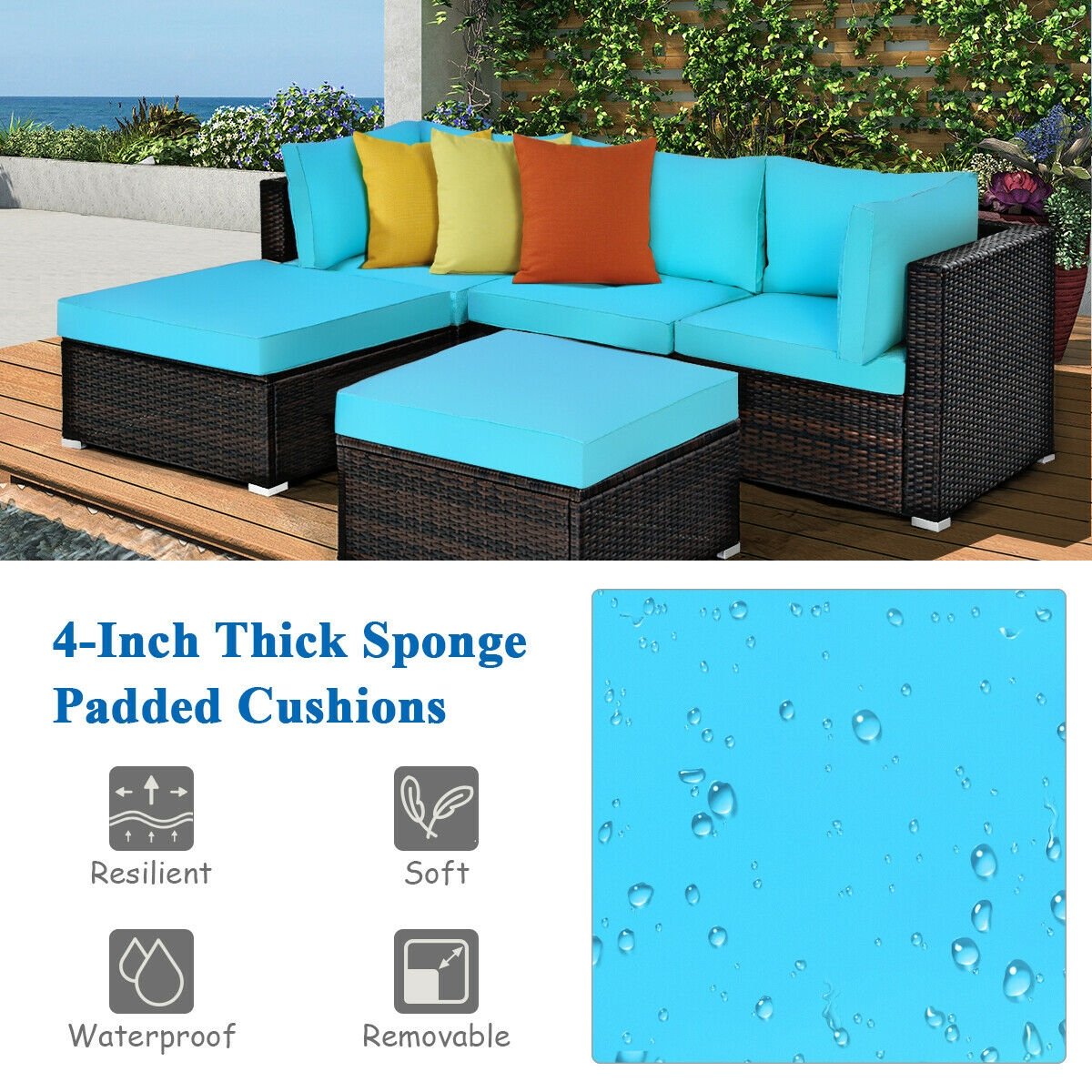 5 Pieces Patio Rattan Sectional Conversation Ottoman Furniture Set, Blue Outdoor Sectionals   at Gallery Canada