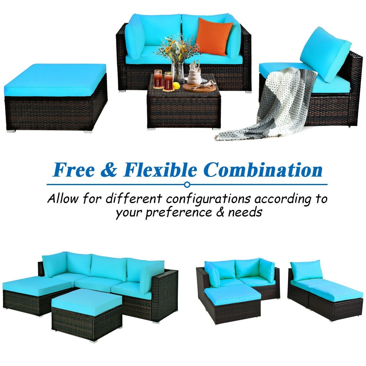 5 Pieces Patio Rattan Sectional Conversation Ottoman Furniture Set, Blue Outdoor Sectionals   at Gallery Canada