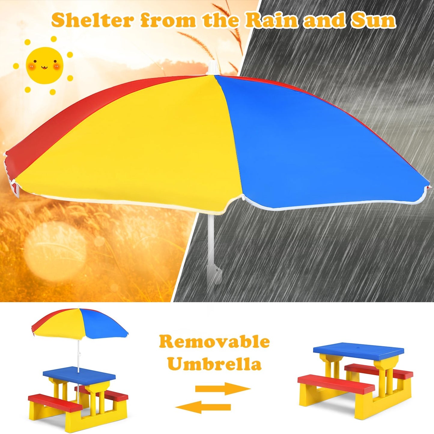 Kids Picnic Folding Table and Bench Set with Umbrella, Yellow - Gallery Canada