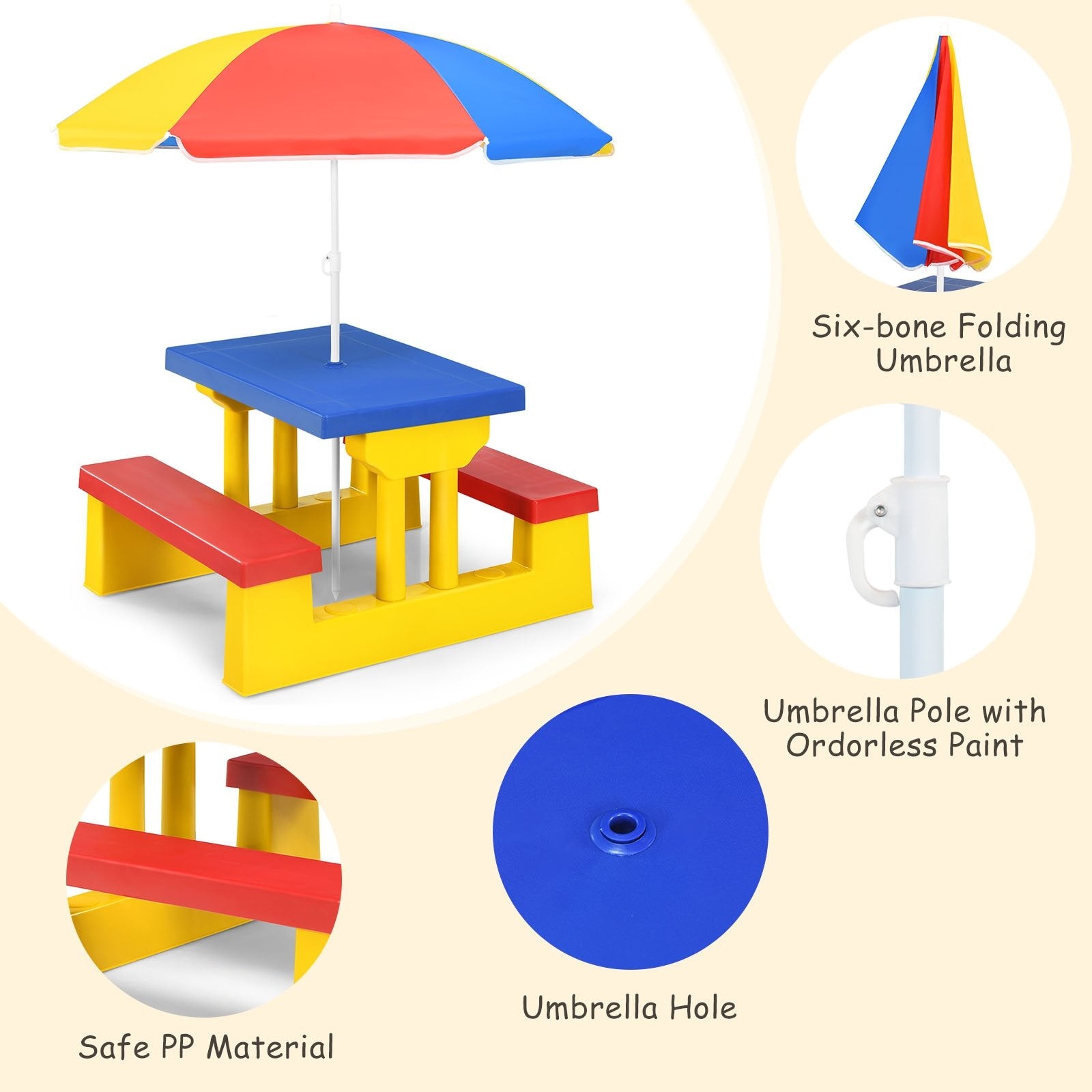 Kids Picnic Folding Table and Bench Set with Umbrella, Yellow - Gallery Canada