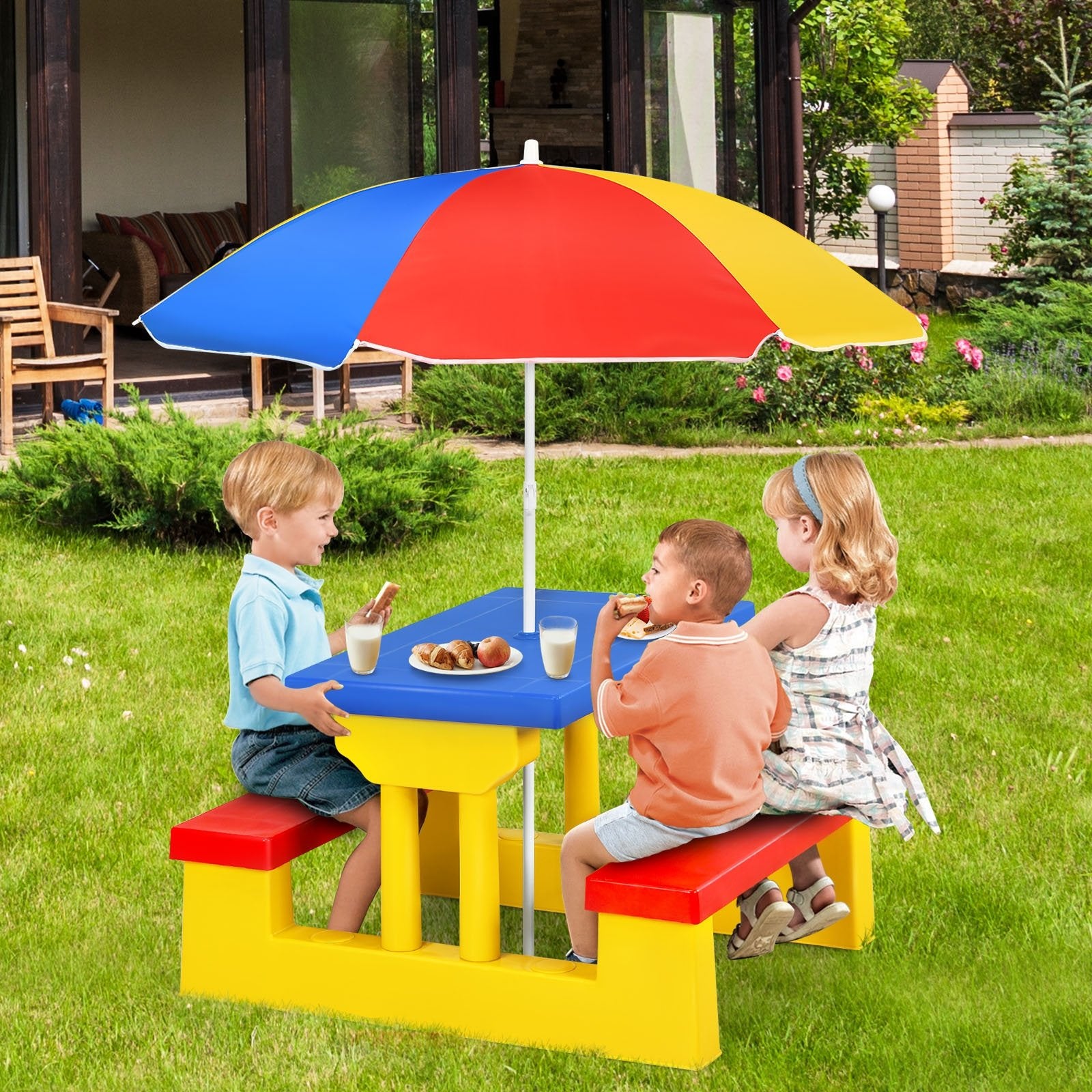 Kids Picnic Folding Table and Bench Set with Umbrella, Yellow Kids Table & Chair Sets   at Gallery Canada