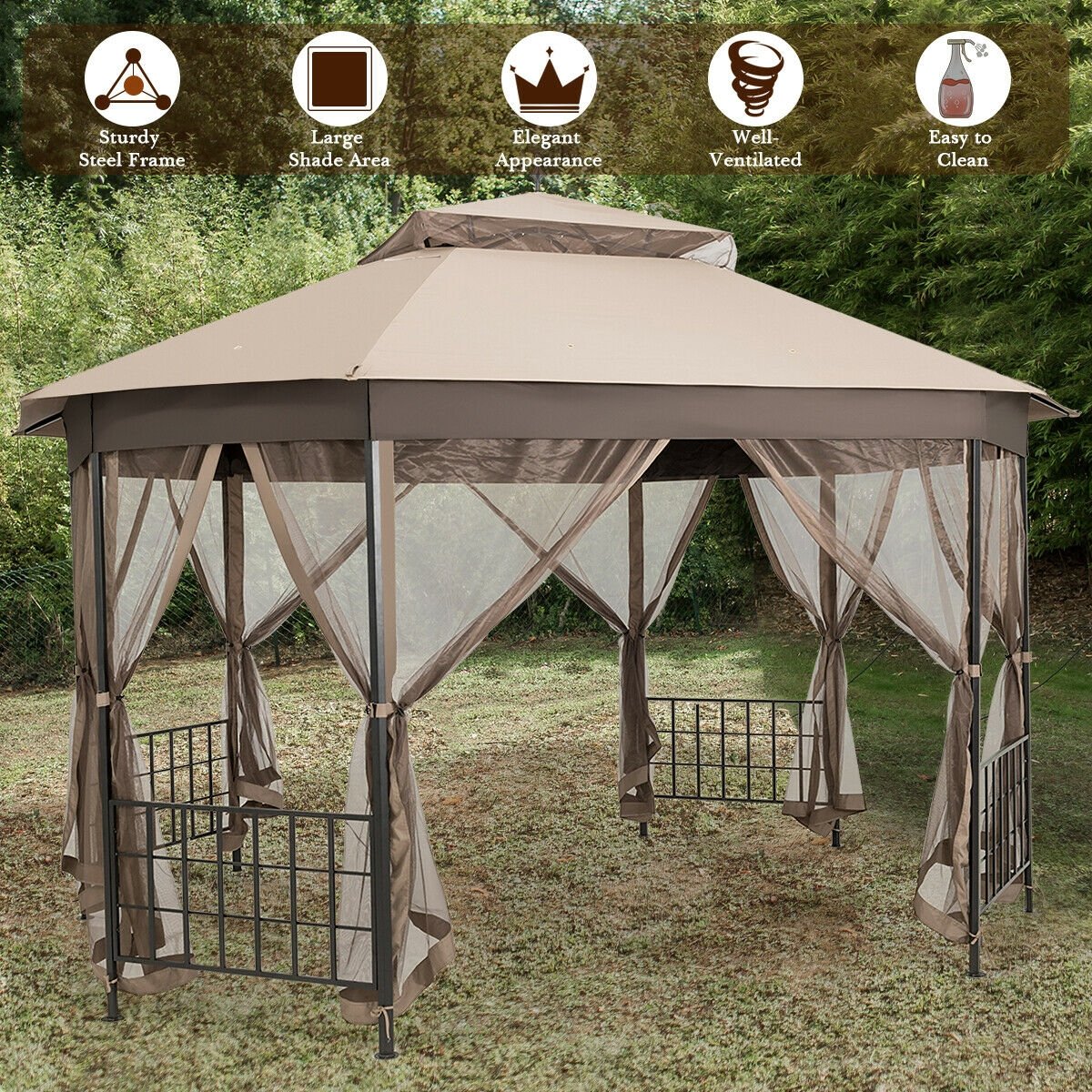 10’x 12’ Octagonal Patio Gazebo, Brown Gazebos   at Gallery Canada