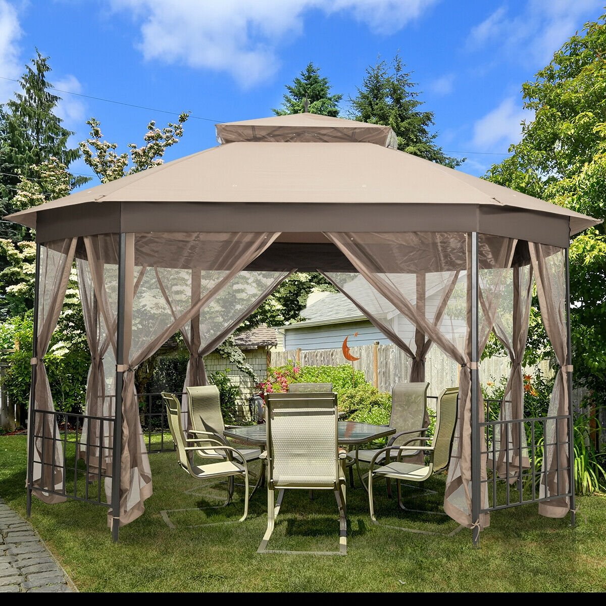 10’x 12’ Octagonal Patio Gazebo, Brown - Gallery Canada