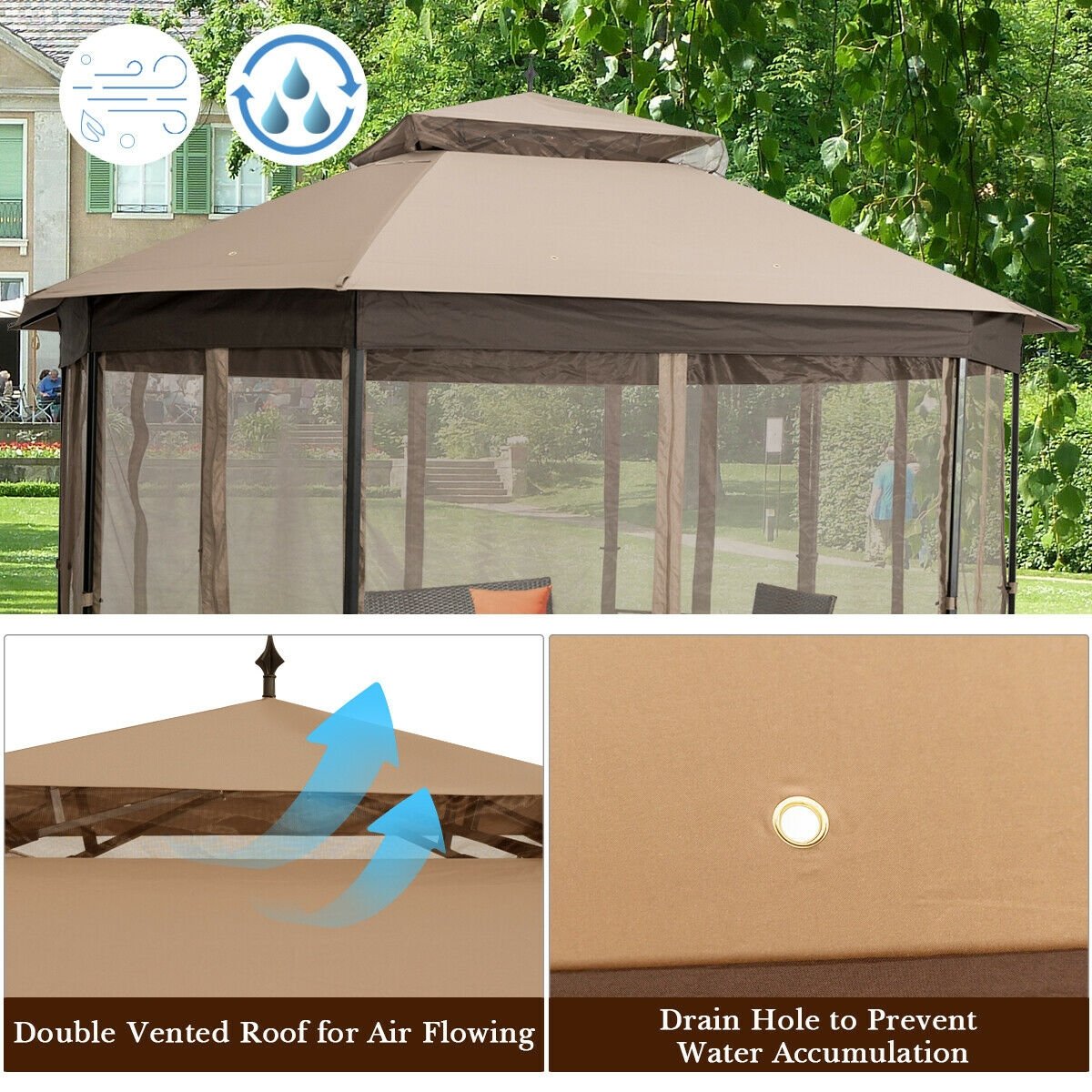 10’x 12’ Octagonal Patio Gazebo, Brown - Gallery Canada