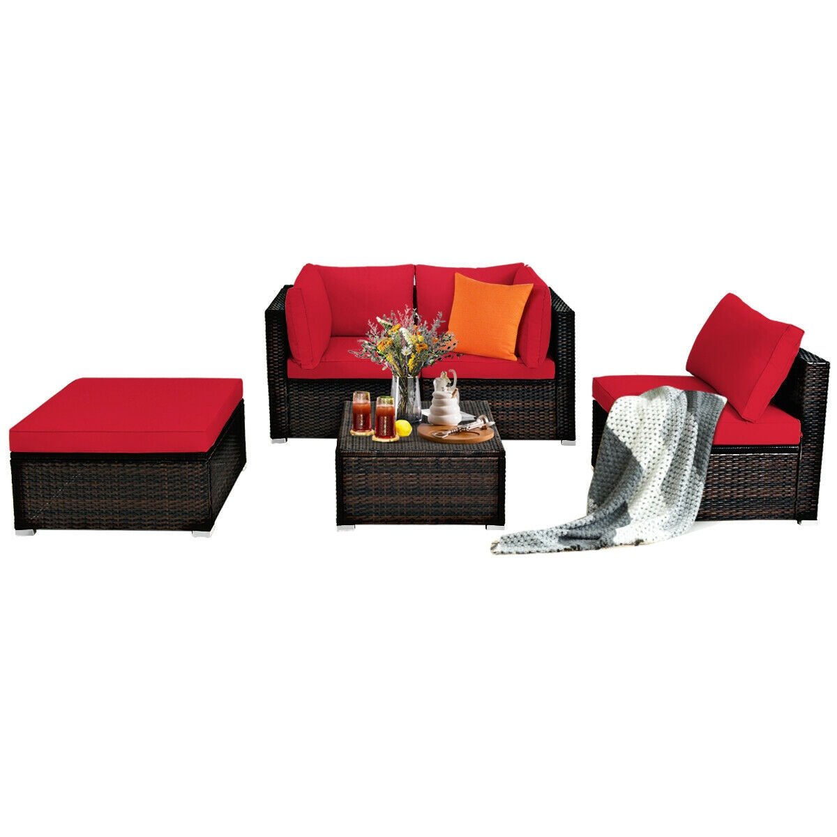 5 Pieces Patio Rattan Sofa Set with Cushion and Ottoman, Red Outdoor Sectionals   at Gallery Canada