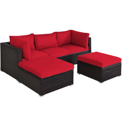 5 Pieces Patio Rattan Sofa Set with Cushion and Ottoman, Red Outdoor Sectionals   at Gallery Canada