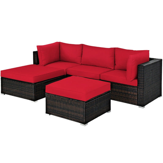 5 Pieces Patio Rattan Sofa Set with Cushion and Ottoman, Red Outdoor Sectionals   at Gallery Canada