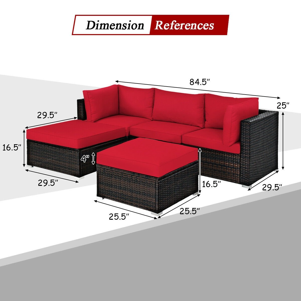 5 Pieces Patio Rattan Sofa Set with Cushion and Ottoman, Red Outdoor Sectionals   at Gallery Canada