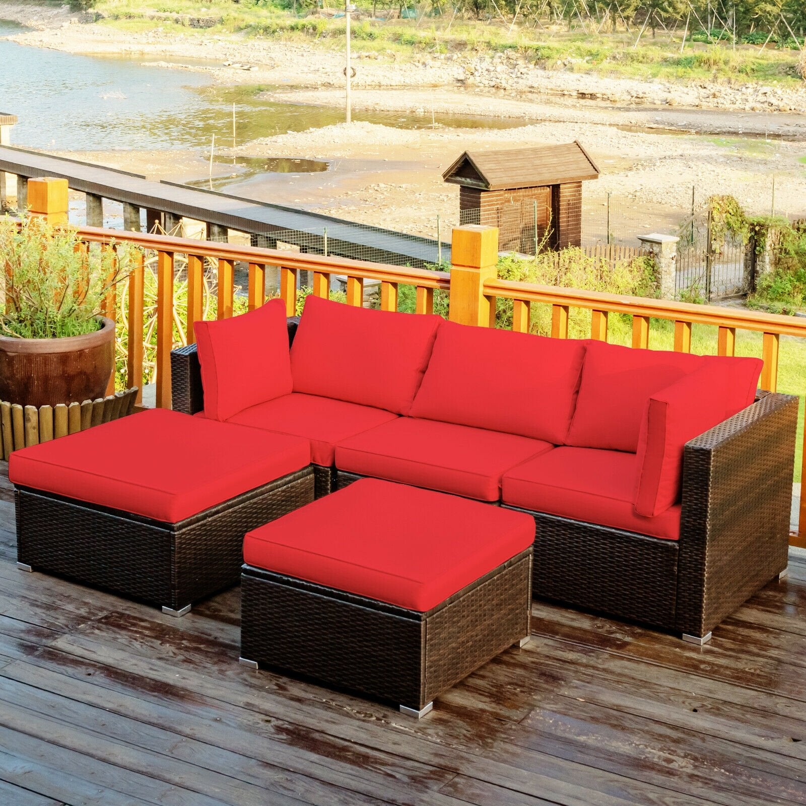 5 Pieces Patio Rattan Sofa Set with Cushion and Ottoman, Red Outdoor Sectionals   at Gallery Canada