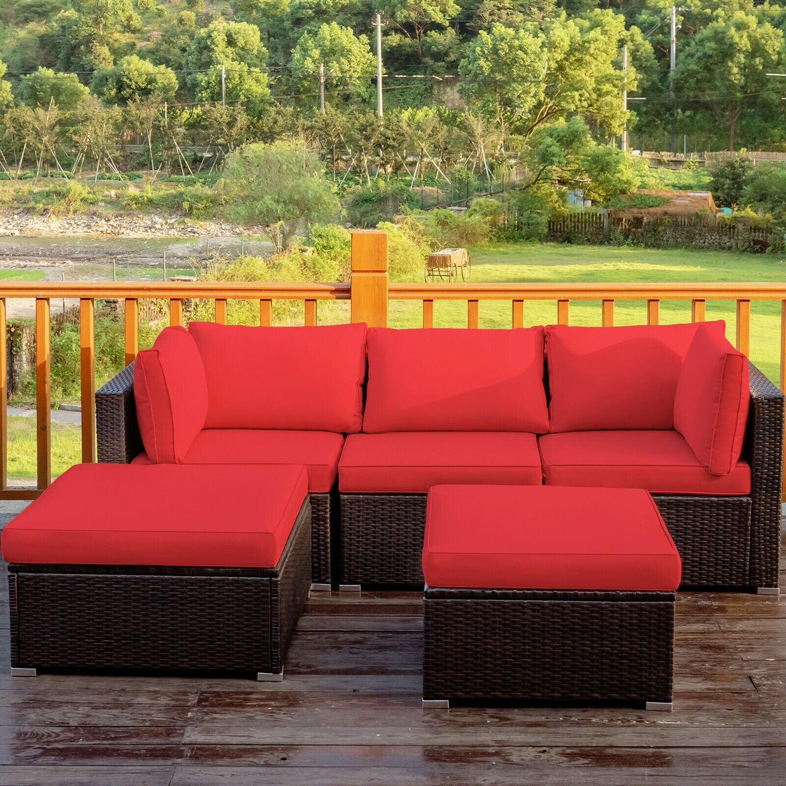 5 Pieces Patio Rattan Sofa Set with Cushion and Ottoman, Red Outdoor Sectionals   at Gallery Canada