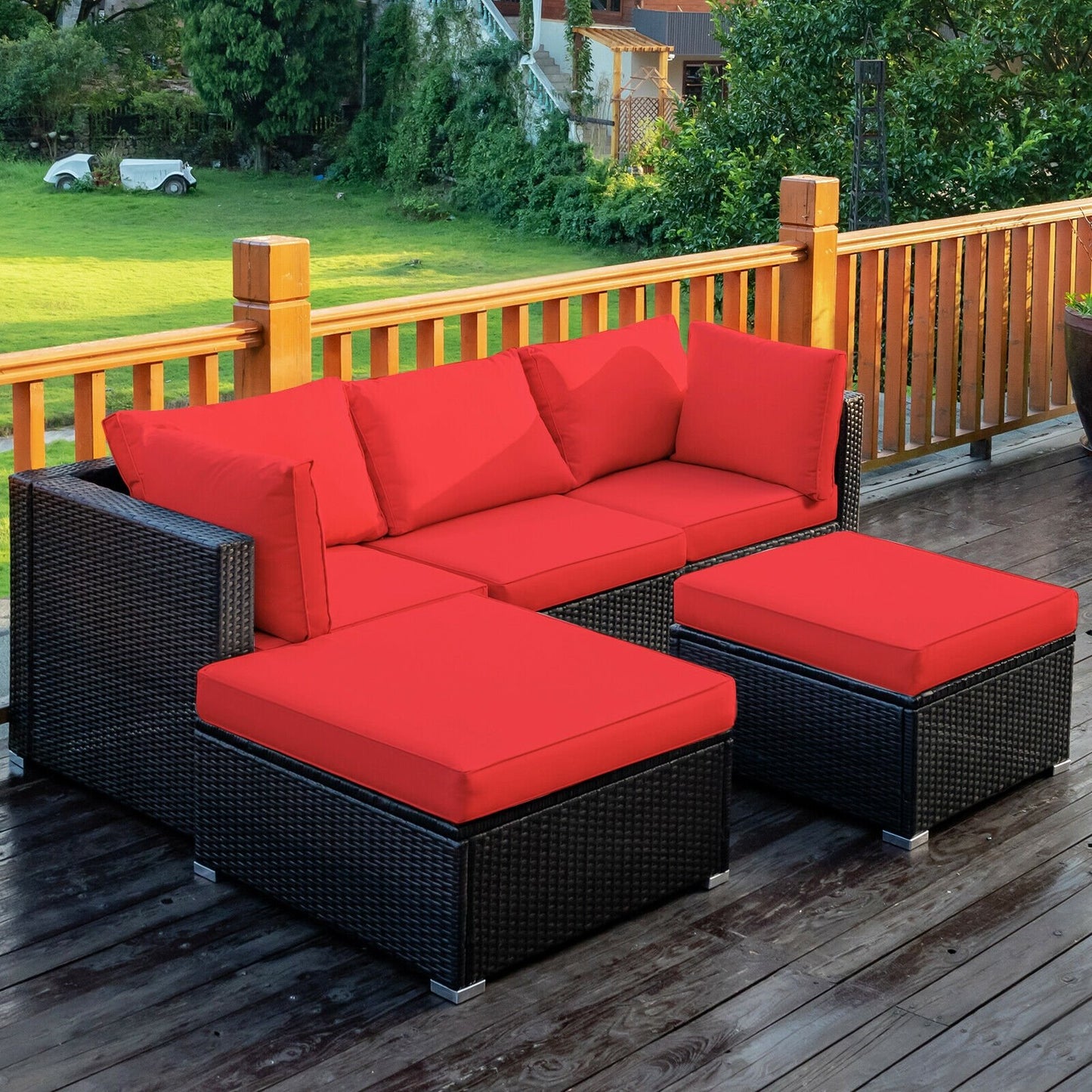 5 Pieces Patio Rattan Sofa Set with Cushion and Ottoman, Red Outdoor Sectionals   at Gallery Canada