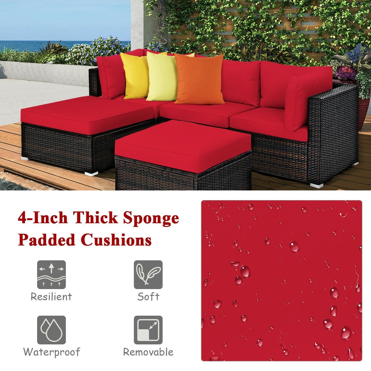 5 Pieces Patio Rattan Sofa Set with Cushion and Ottoman, Red Outdoor Sectionals   at Gallery Canada