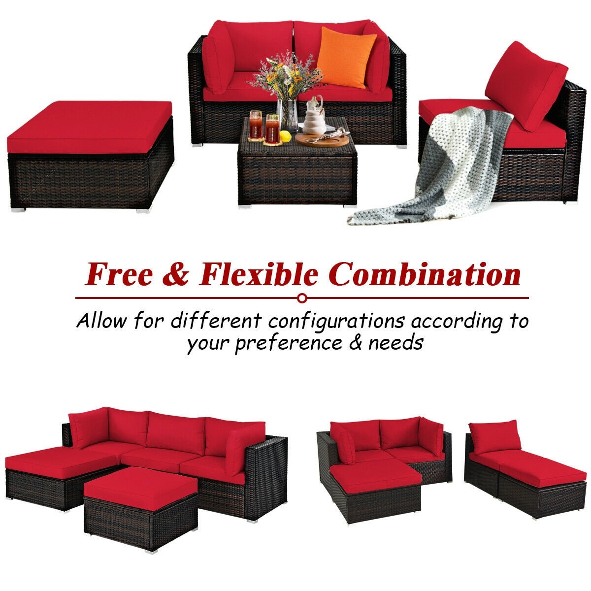 5 Pieces Patio Rattan Sofa Set with Cushion and Ottoman, Red Outdoor Sectionals   at Gallery Canada