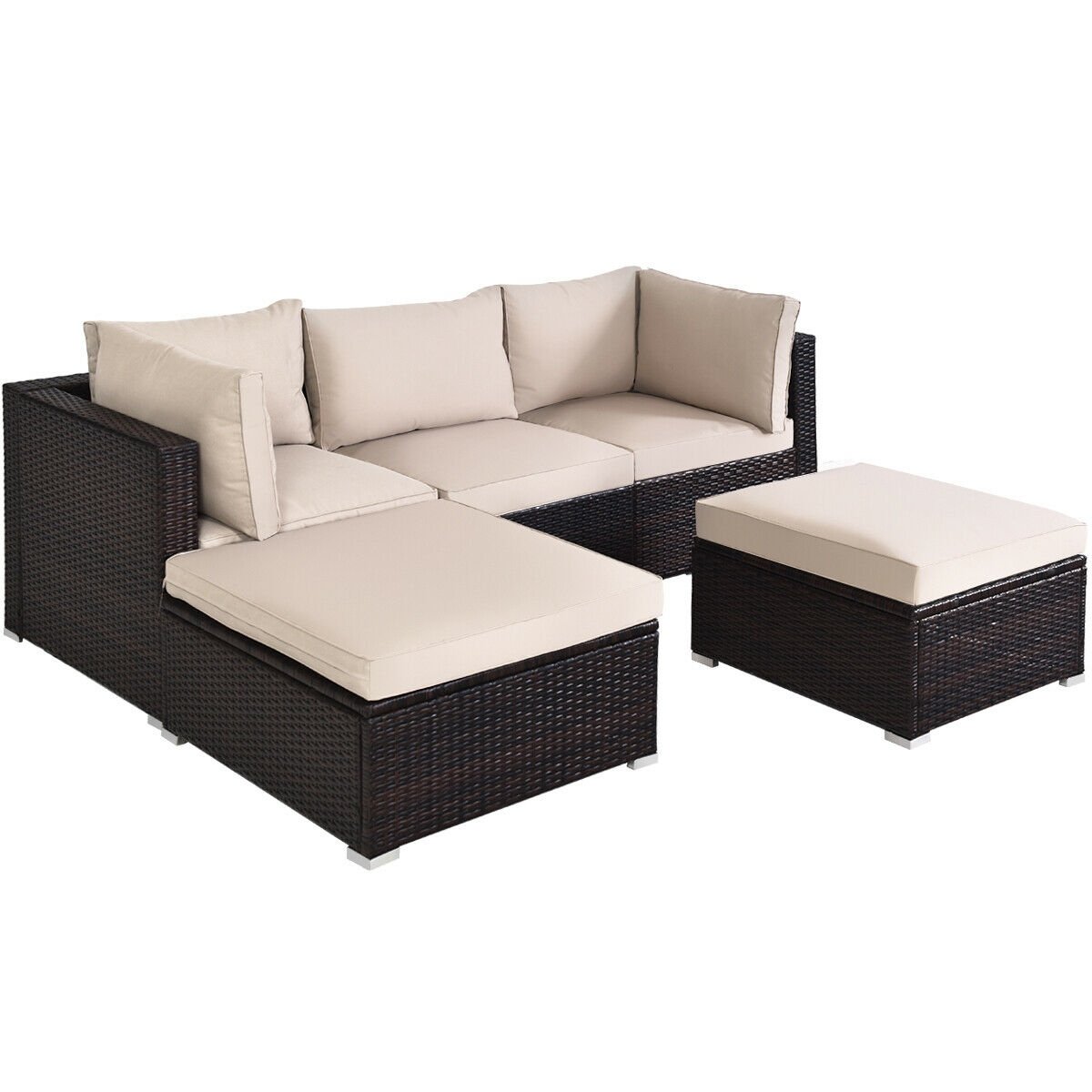 5 Pieces Patio Rattan Sofa Set with Cushion and Ottoman, Beige Outdoor Sectionals   at Gallery Canada