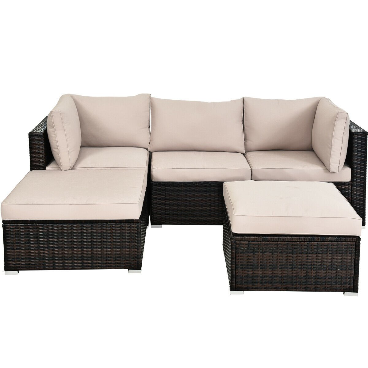 5 Pieces Patio Rattan Sofa Set with Cushion and Ottoman, Beige Outdoor Sectionals   at Gallery Canada