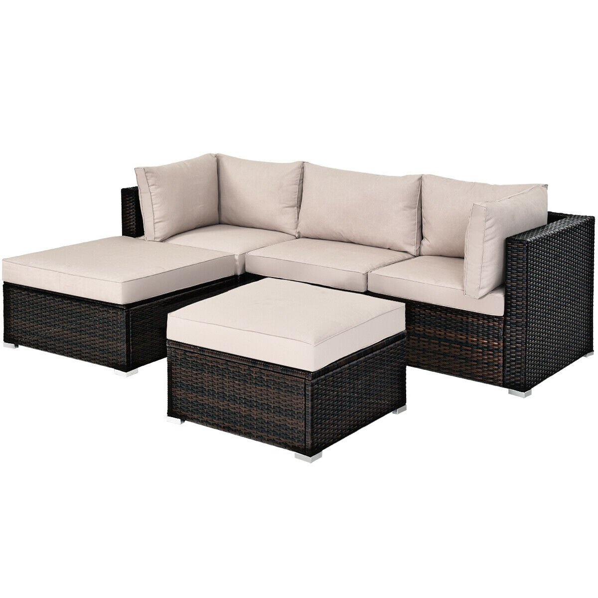 5 Pieces Patio Rattan Sofa Set with Cushion and Ottoman, Beige Outdoor Sectionals   at Gallery Canada