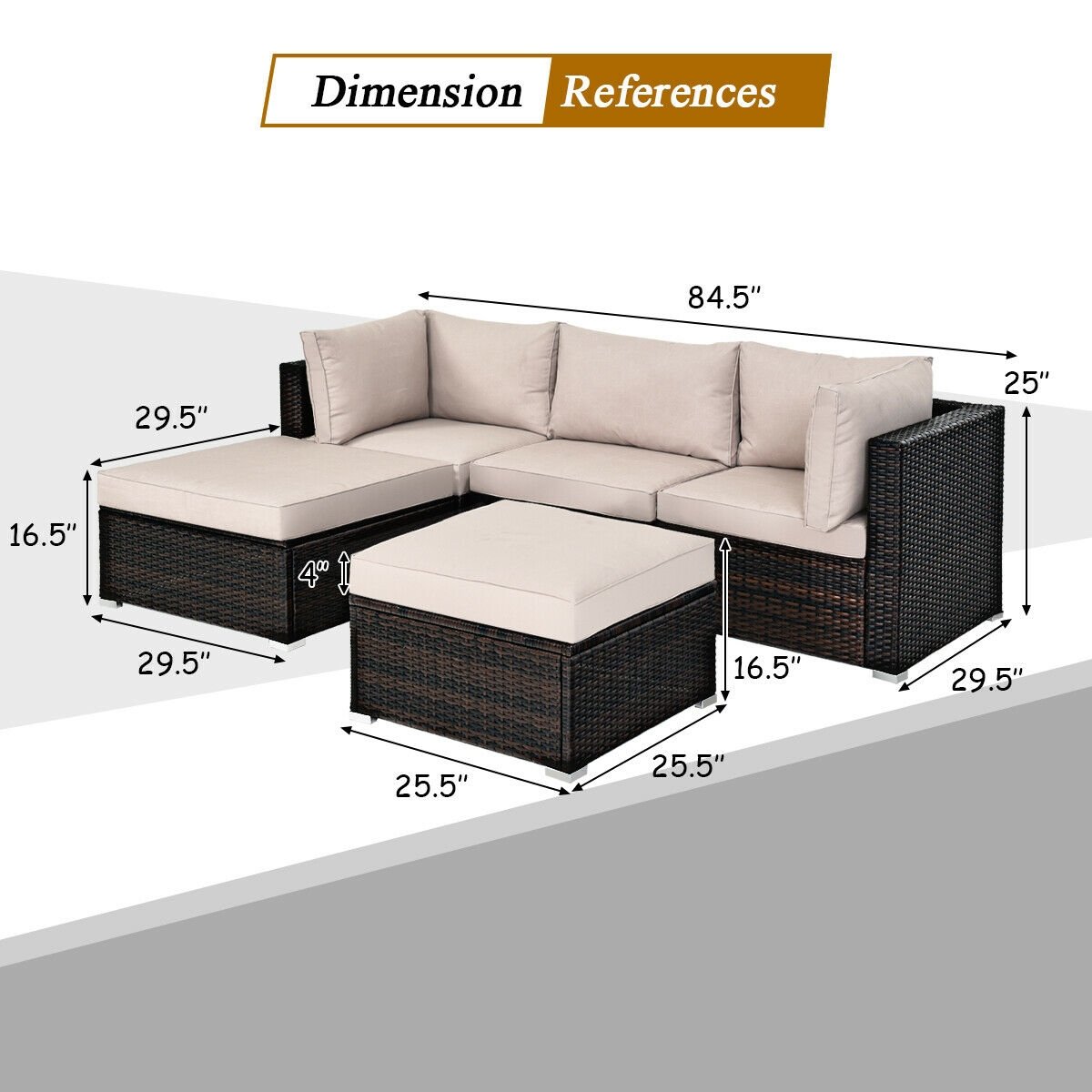 5 Pieces Patio Rattan Sofa Set with Cushion and Ottoman, Beige Outdoor Sectionals   at Gallery Canada