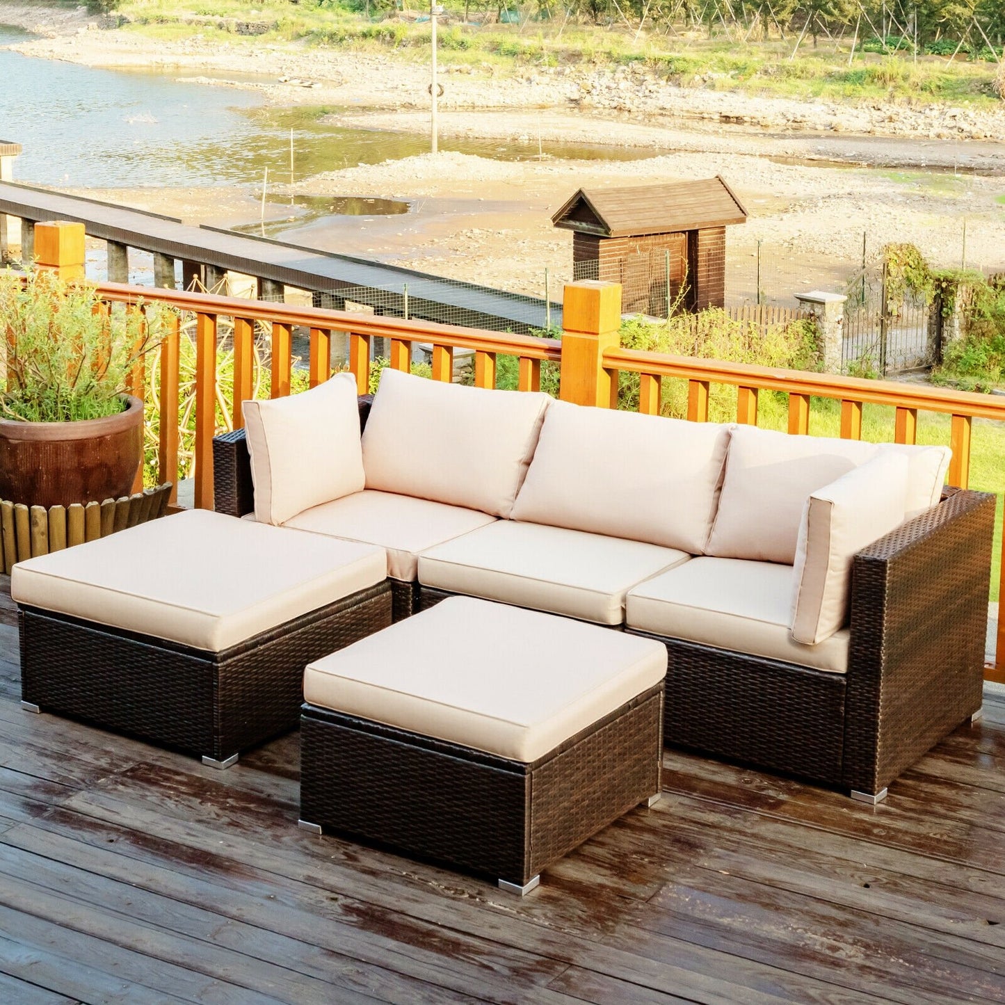 5 Pieces Patio Rattan Sofa Set with Cushion and Ottoman, Beige Outdoor Sectionals   at Gallery Canada