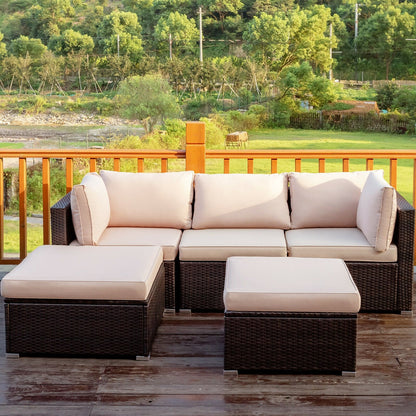 5 Pieces Patio Rattan Sofa Set with Cushion and Ottoman, Beige Outdoor Sectionals   at Gallery Canada