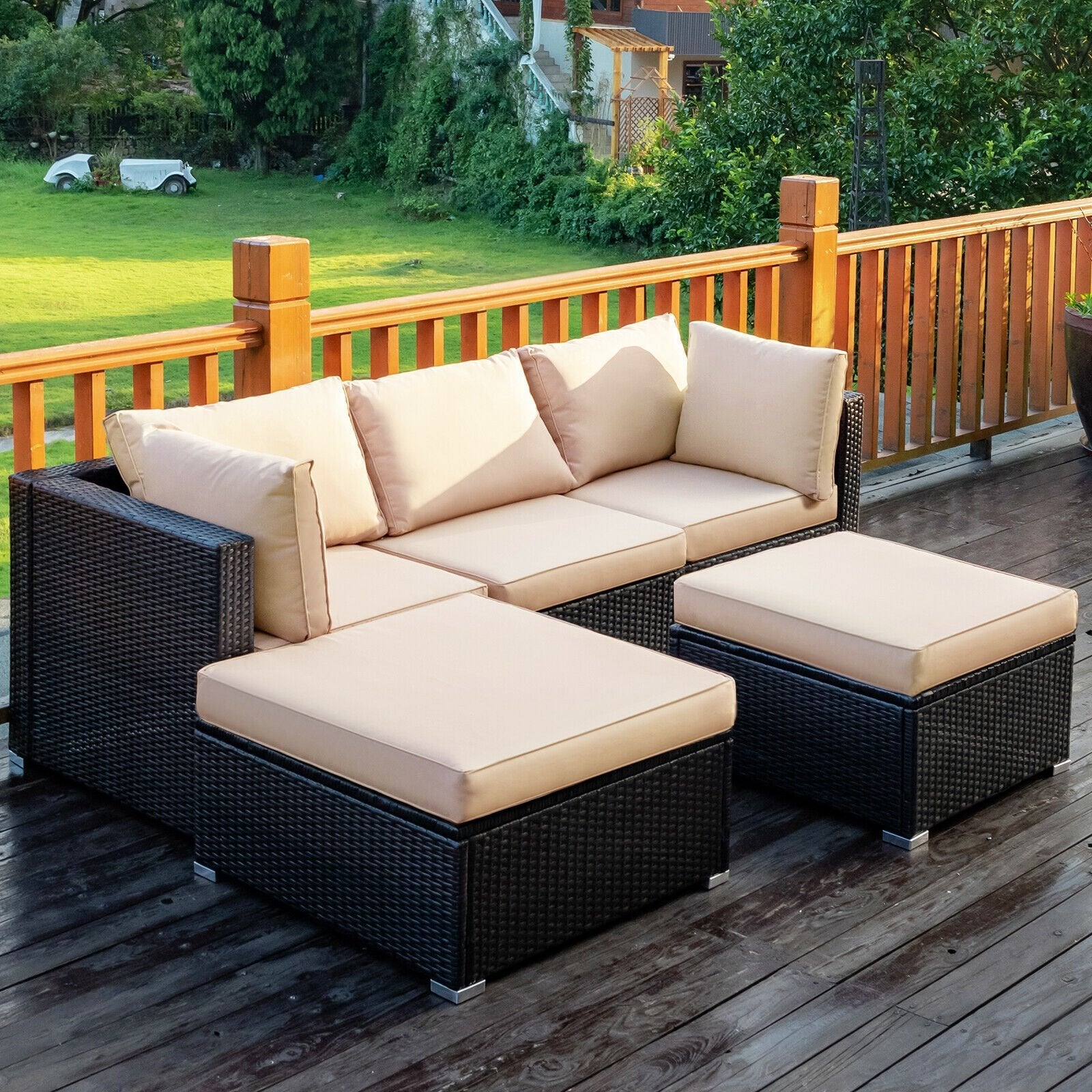 5 Pieces Patio Rattan Sofa Set with Cushion and Ottoman, Beige Outdoor Sectionals   at Gallery Canada