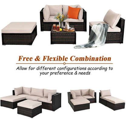 5 Pieces Patio Rattan Sofa Set with Cushion and Ottoman, Beige Outdoor Sectionals   at Gallery Canada