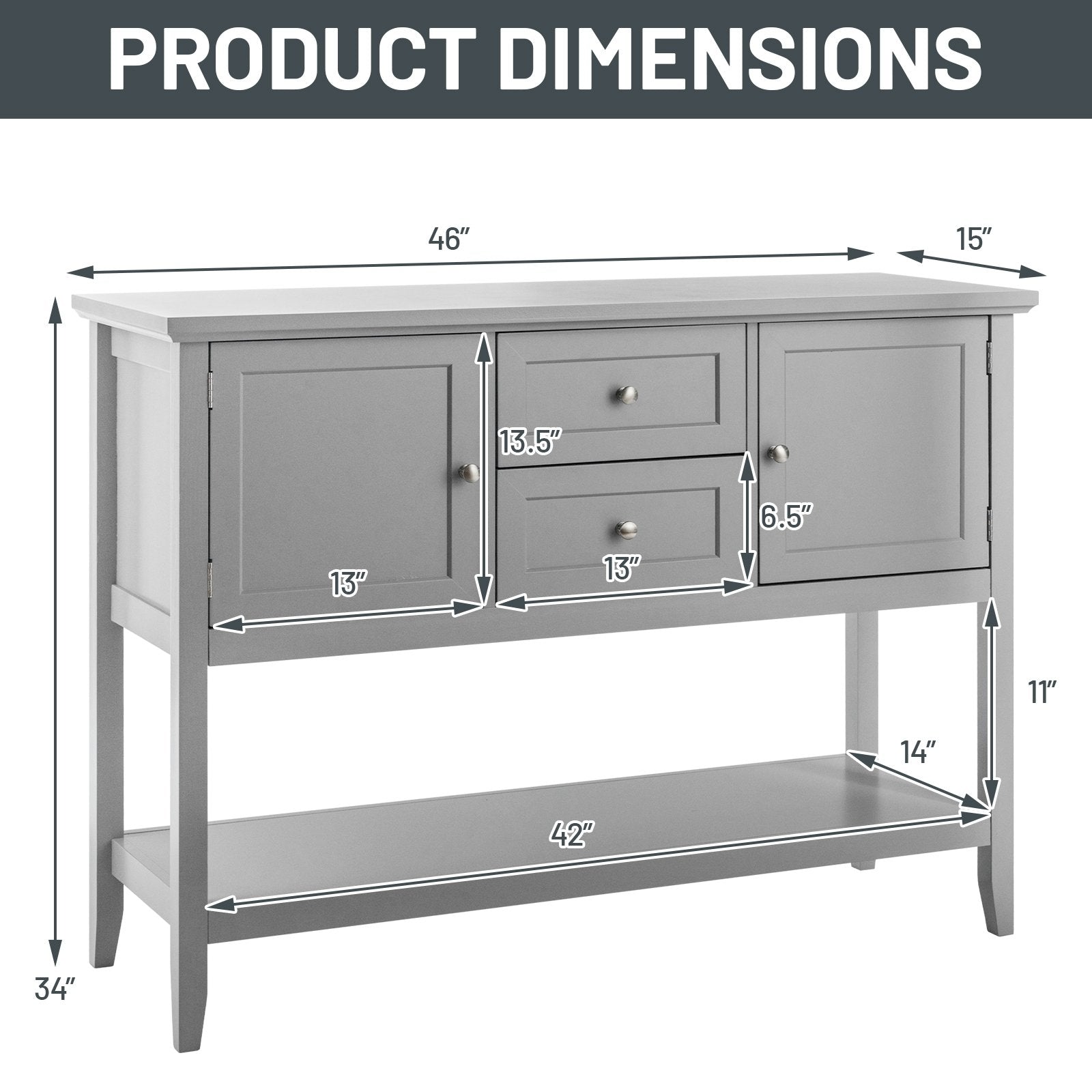 Wooden Sideboard Buffet Console Table  with Drawers and Storage, Gray Console Tables   at Gallery Canada