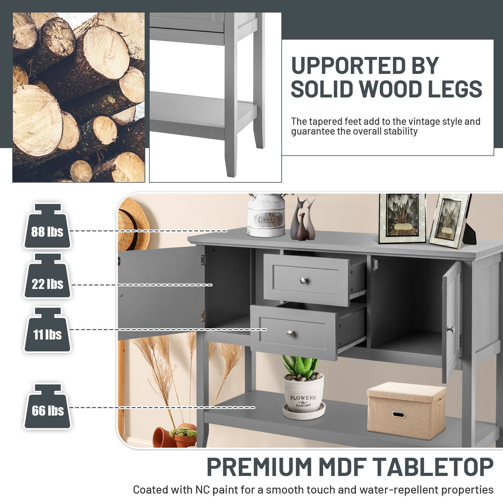 Wooden Sideboard Buffet Console Table  with Drawers and Storage, Gray Console Tables   at Gallery Canada