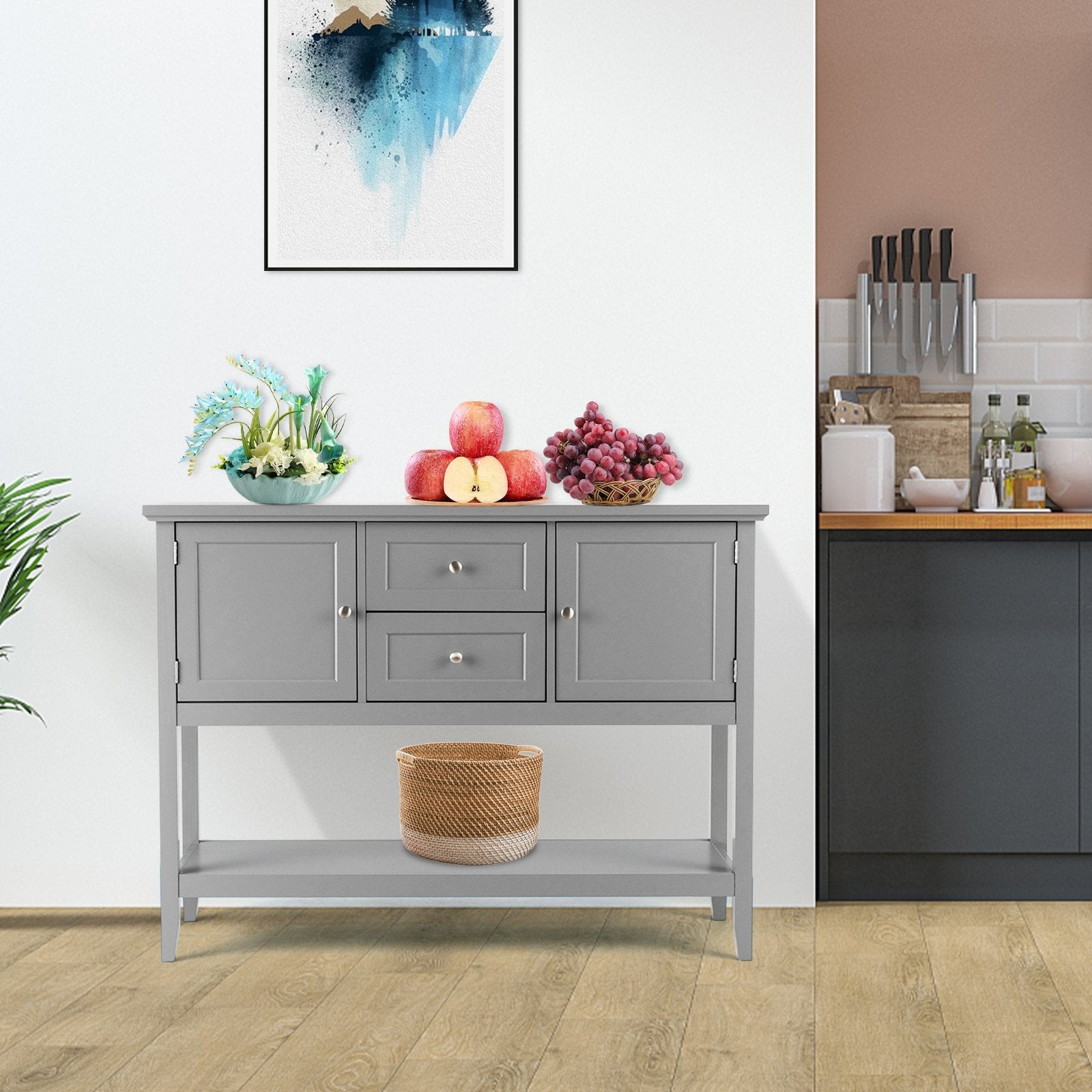 Wooden Sideboard Buffet Console Table  with Drawers and Storage, Gray Console Tables   at Gallery Canada