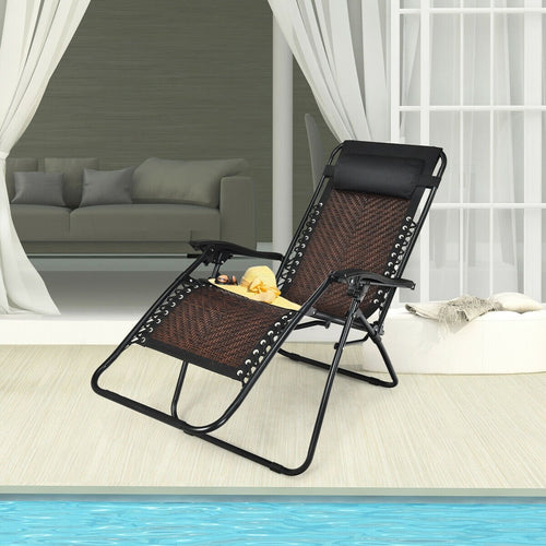 Folding Rattan Zero Gravity Lounge Chair with Removable Head Pillow, Light Brown