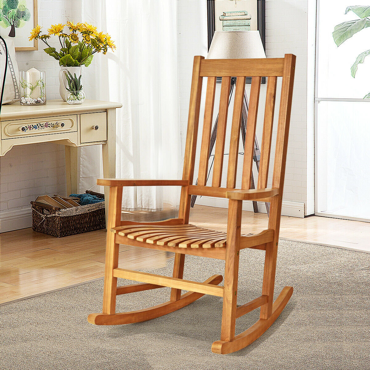 Indoor Outdoor Wooden High Back Rocking Chair, Natural Patio Rocking Chairs & Gliders   at Gallery Canada