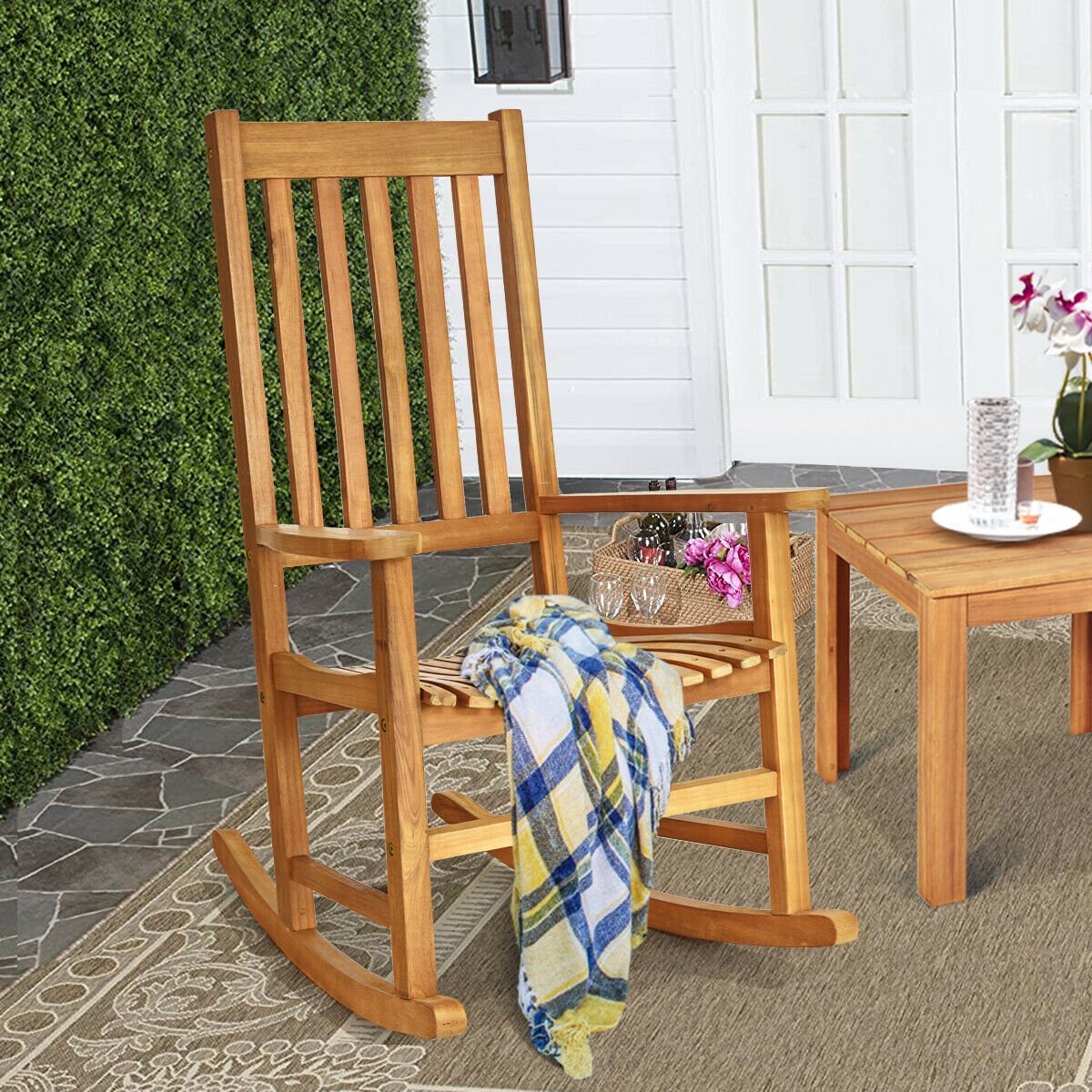 Indoor Outdoor Wooden High Back Rocking Chair, Natural Patio Rocking Chairs & Gliders   at Gallery Canada