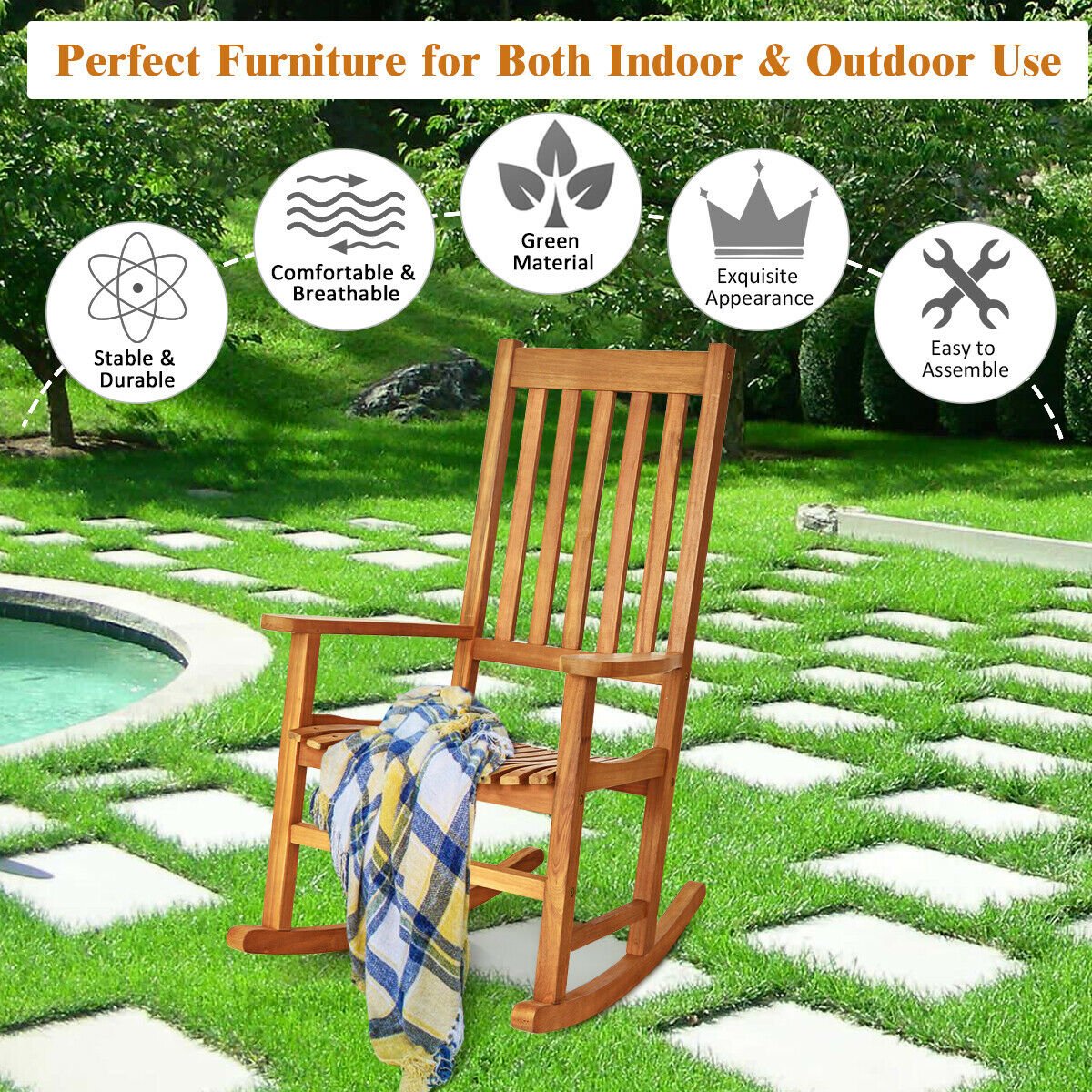 Indoor Outdoor Wooden High Back Rocking Chair, Natural Patio Rocking Chairs & Gliders   at Gallery Canada