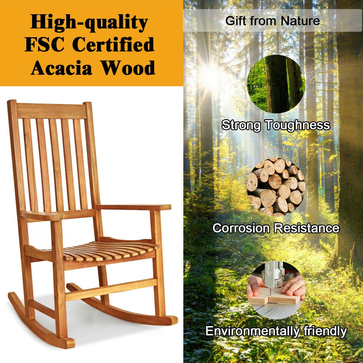 Indoor Outdoor Wooden High Back Rocking Chair, Natural Patio Rocking Chairs & Gliders   at Gallery Canada