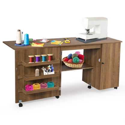 Folding Sewing Table Shelves Storage Cabinet Craft Cart with Wheels, Natural Sewing Tables   at Gallery Canada