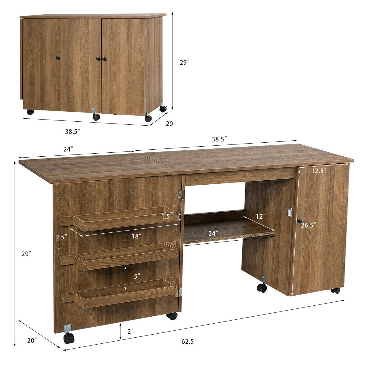 Folding Sewing Table Shelves Storage Cabinet Craft Cart with Wheels, Natural Sewing Tables   at Gallery Canada