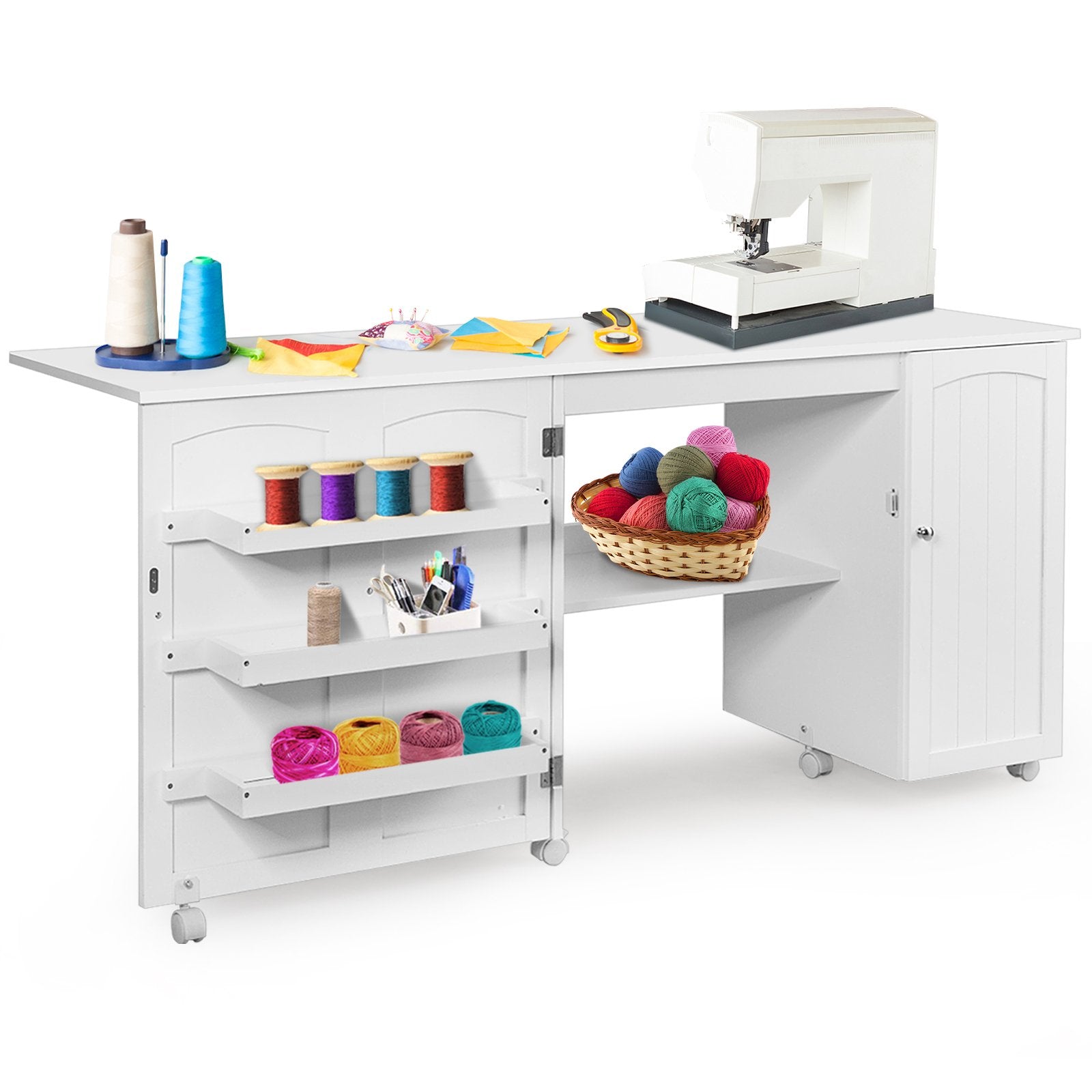 Folding Sewing Table Shelves Storage Cabinet Craft Cart with Wheels, White - Gallery Canada