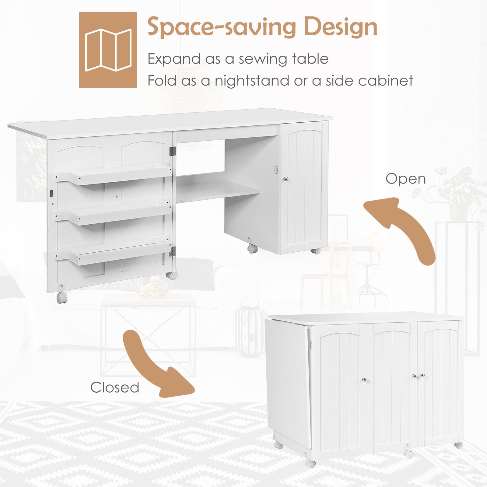 Folding Sewing Table Shelves Storage Cabinet Craft Cart with Wheels, White Sewing Tables   at Gallery Canada