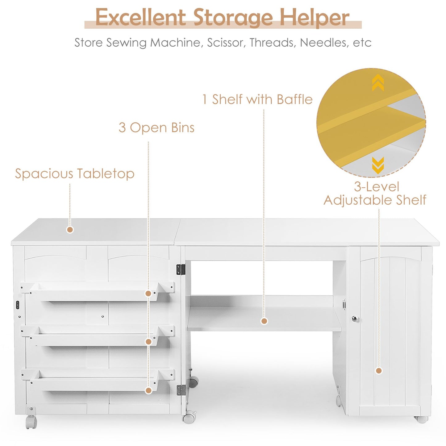 Folding Sewing Table Shelves Storage Cabinet Craft Cart with Wheels, White - Gallery Canada