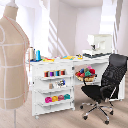 Folding Sewing Table Shelves Storage Cabinet Craft Cart with Wheels, White Sewing Tables   at Gallery Canada