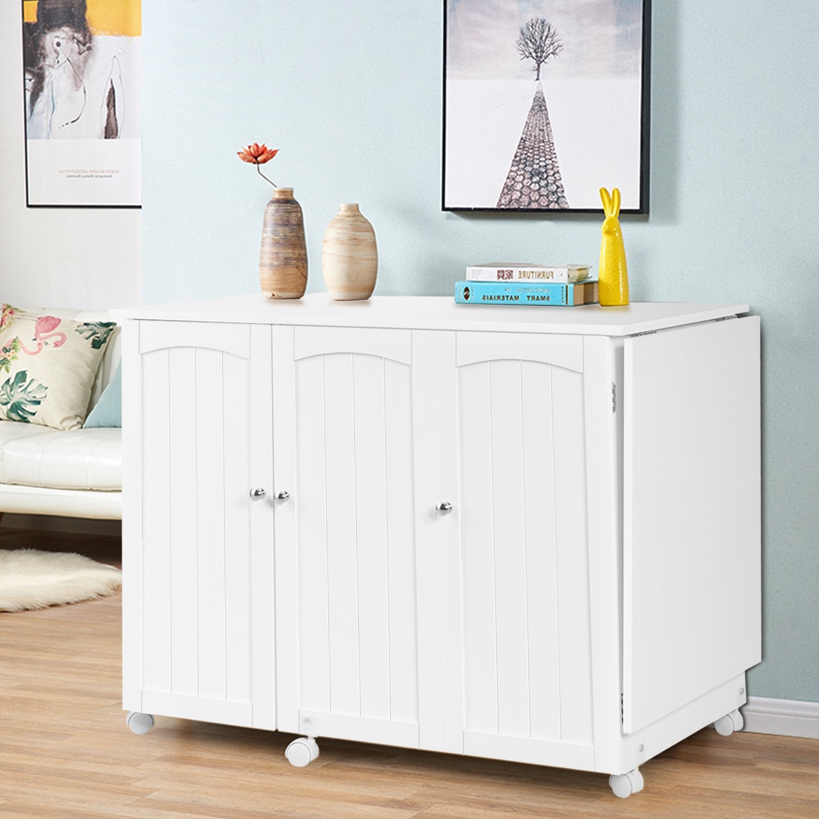 Folding Sewing Table Shelves Storage Cabinet Craft Cart with Wheels, White - Gallery Canada