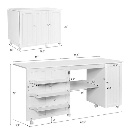 Folding Sewing Table Shelves Storage Cabinet Craft Cart with Wheels, White - Gallery Canada