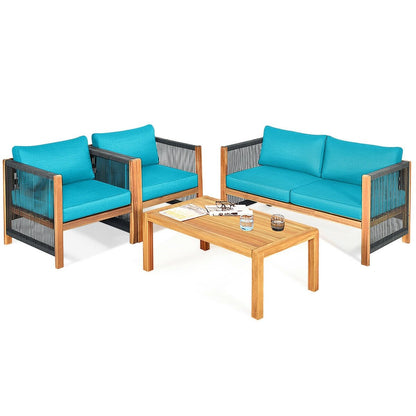 4 Pcs Acacia Wood Outdoor Patio Furniture Set with Cushions, Turquoise Patio Conversation Sets   at Gallery Canada