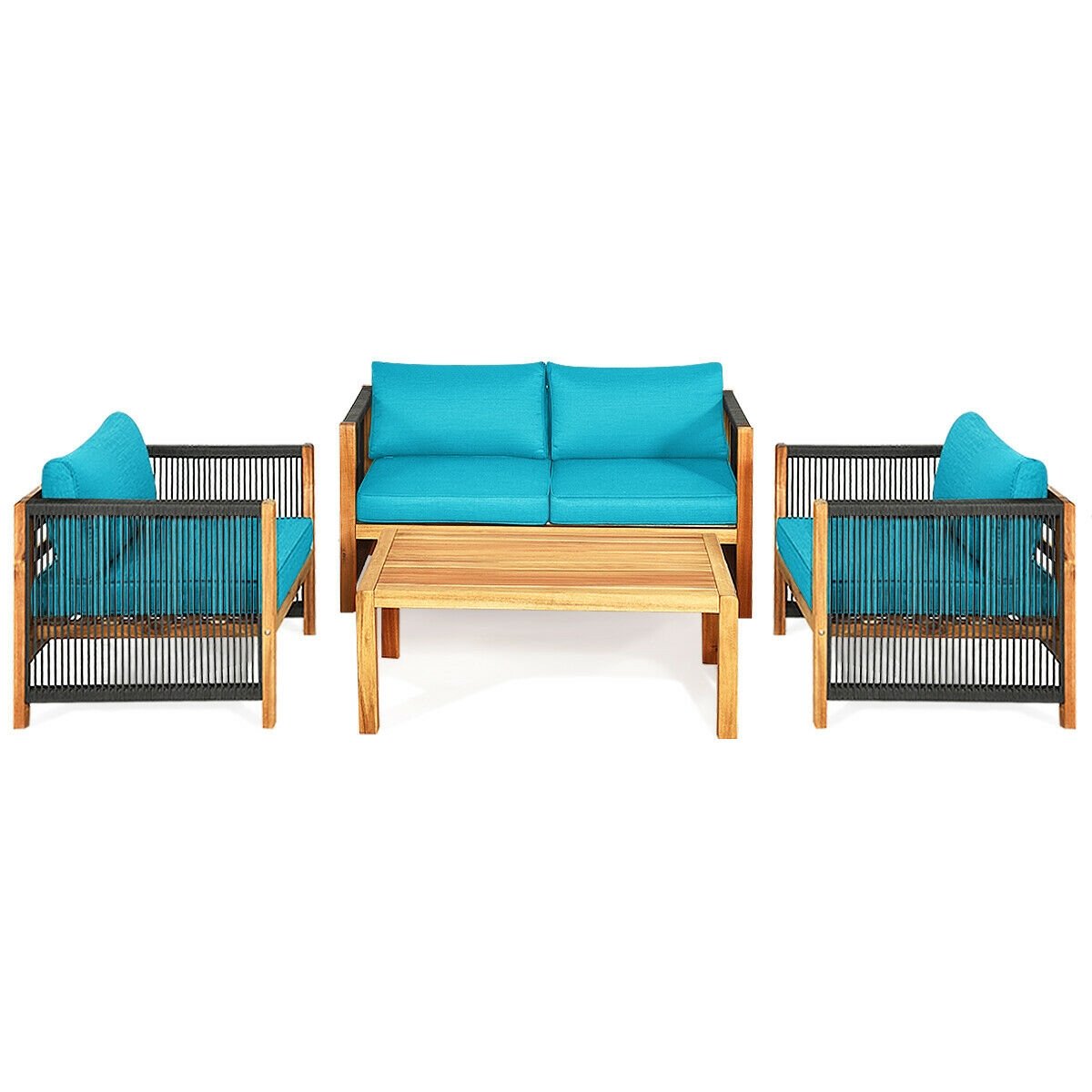 4 Pcs Acacia Wood Outdoor Patio Furniture Set with Cushions, Turquoise Patio Conversation Sets   at Gallery Canada