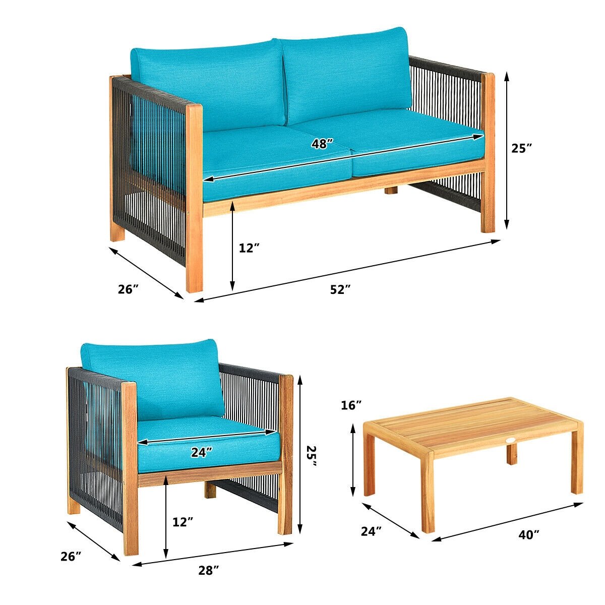 4 Pcs Acacia Wood Outdoor Patio Furniture Set with Cushions, Turquoise Patio Conversation Sets   at Gallery Canada