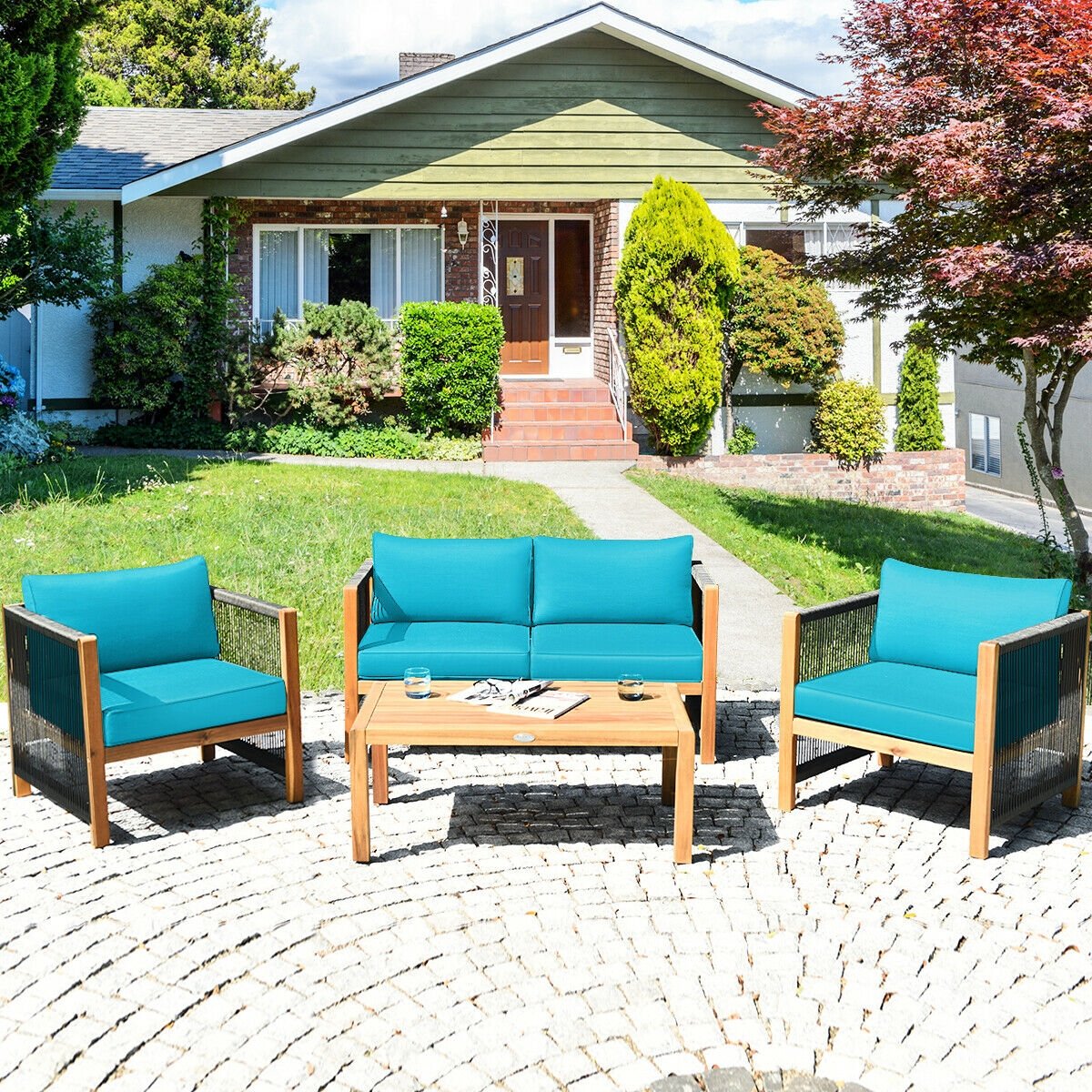 4 Pcs Acacia Wood Outdoor Patio Furniture Set with Cushions, Turquoise Patio Conversation Sets   at Gallery Canada