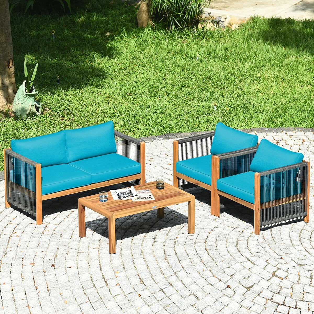 4 Pcs Acacia Wood Outdoor Patio Furniture Set with Cushions, Turquoise Patio Conversation Sets   at Gallery Canada