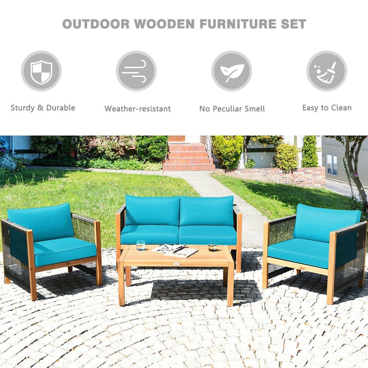 4 Pcs Acacia Wood Outdoor Patio Furniture Set with Cushions, Turquoise Patio Conversation Sets   at Gallery Canada